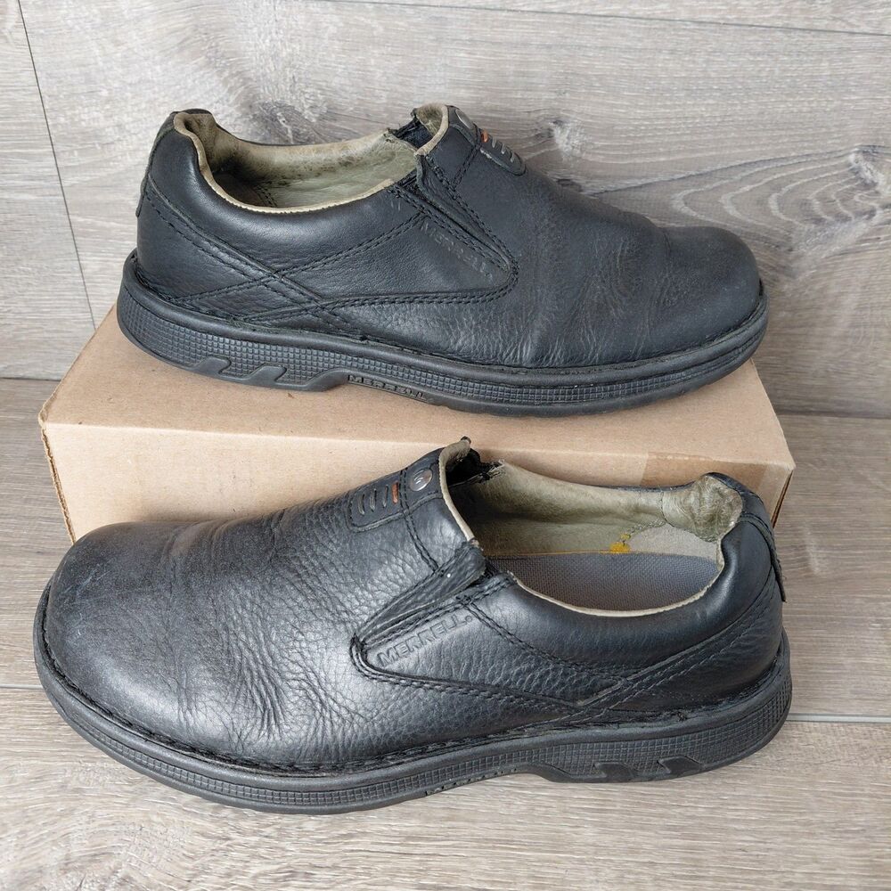 Merrell World Legend Shoes Men 8.5 Black Leather Slip On Pebbled Stollen J45053